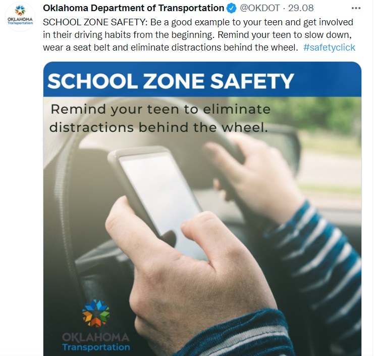 A man texting while driving – Twitter post by Oklahoma Department of Transportation